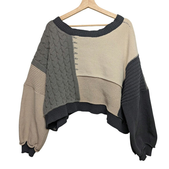 POL Size S Oversized Crop Sweater Chunky Patchwork Knit Cream Gray Neutral Cozy - Picture 1 of 8